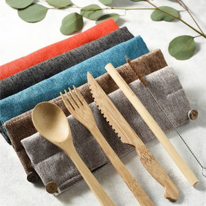 Jungle Culture Reusable Bamboo Cutlery Set in Marine green bag – Handmade