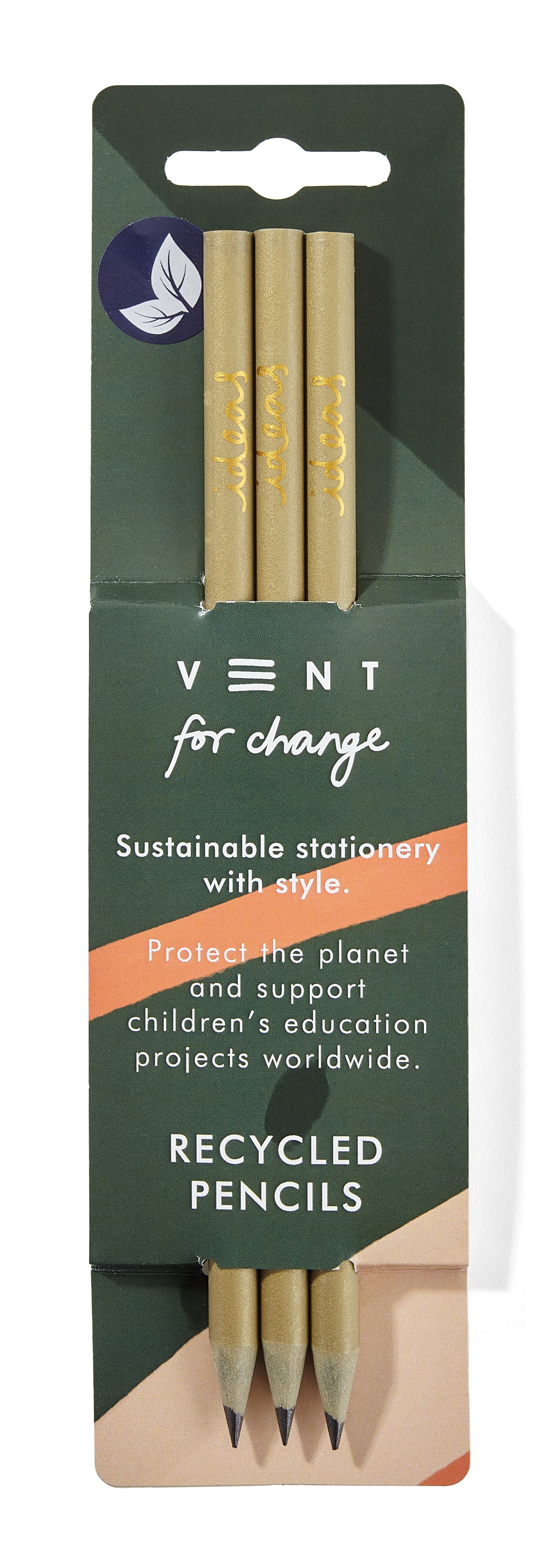 VENT for Change Pack of 3 recycled pencils - Ideas Gold & Green